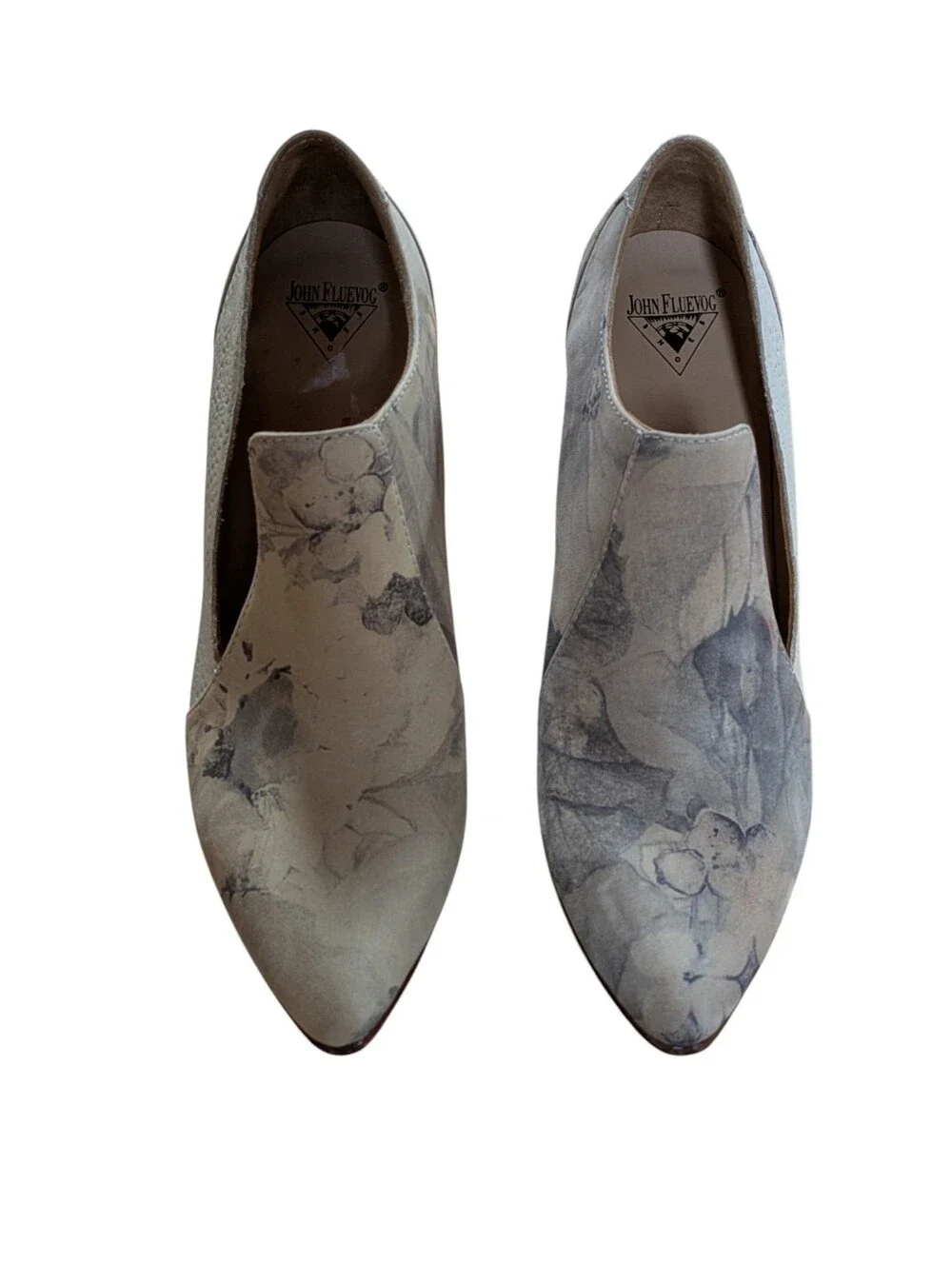 John Fluevog Kendra Beige Grey Floral Pointed Toe Leather Heels Size 6